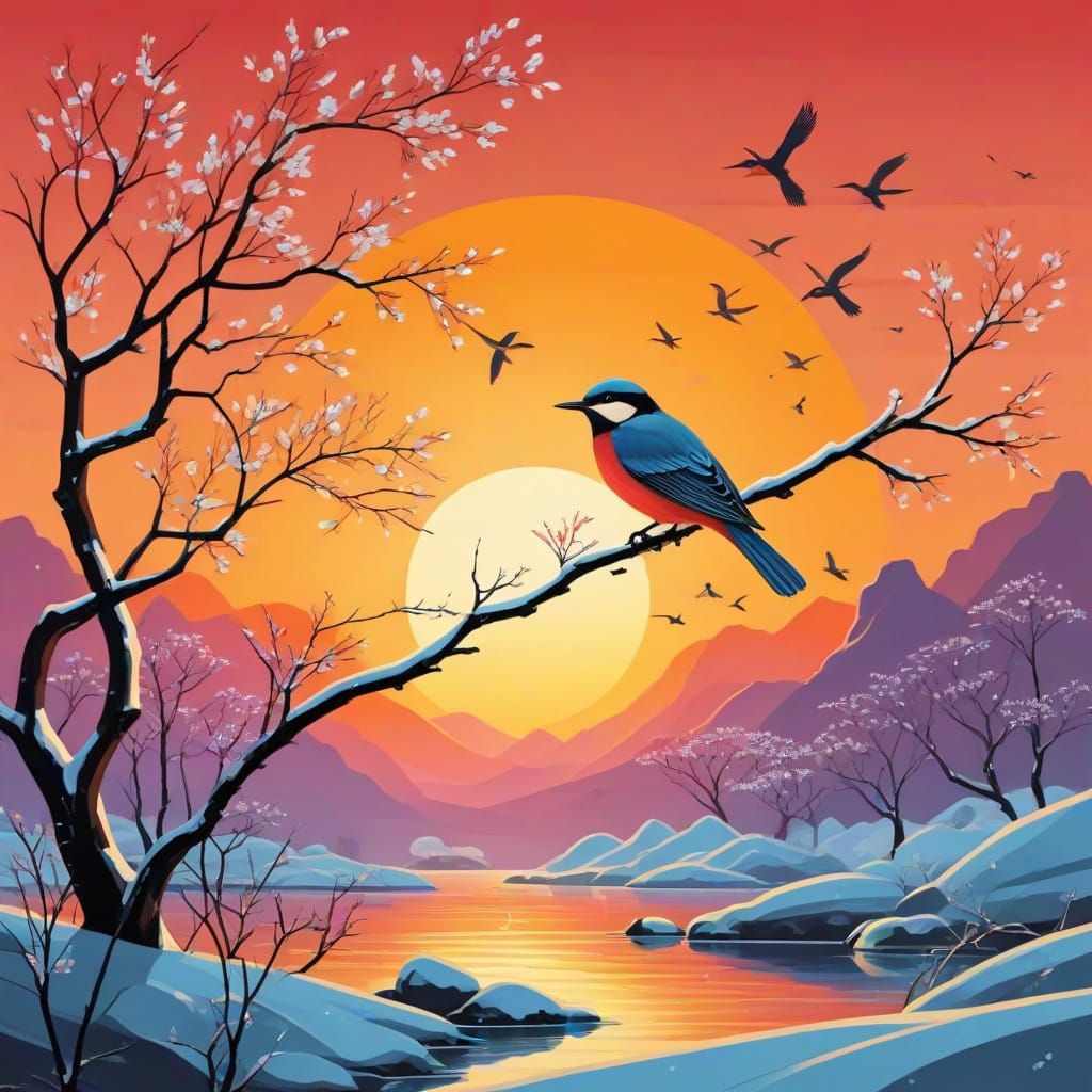 Asian Art: Winter Birds at Sunset