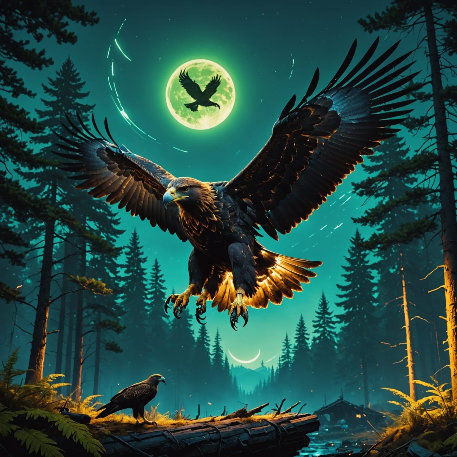 Golden Eagle Soars Over Futuristic Landscape