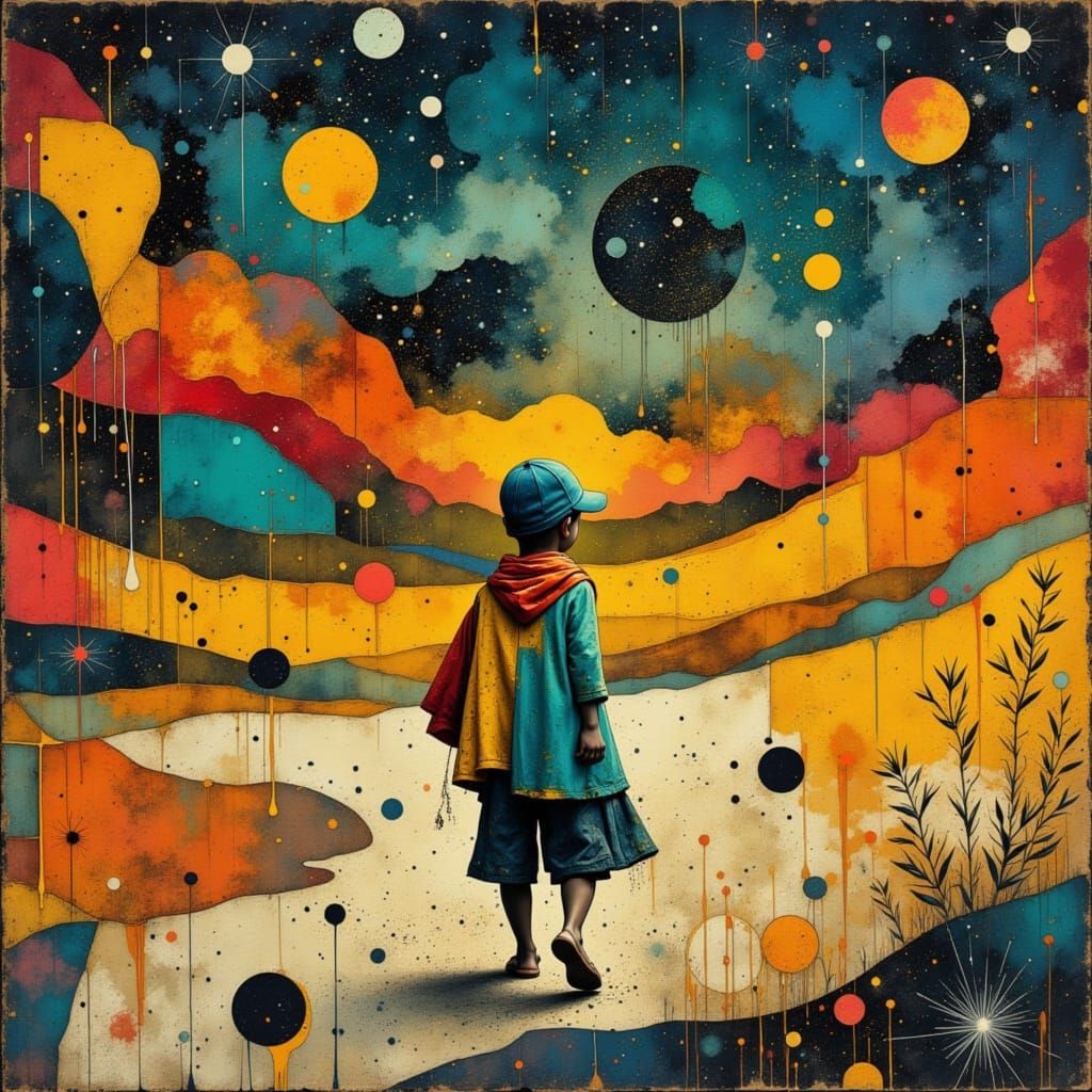 Boy's Starry Journey in Cubist Style