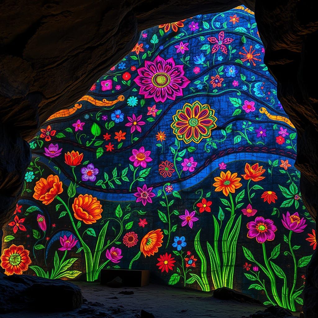 Bagh Cave Murals Reimagined as Bioluminescent Frescoes
