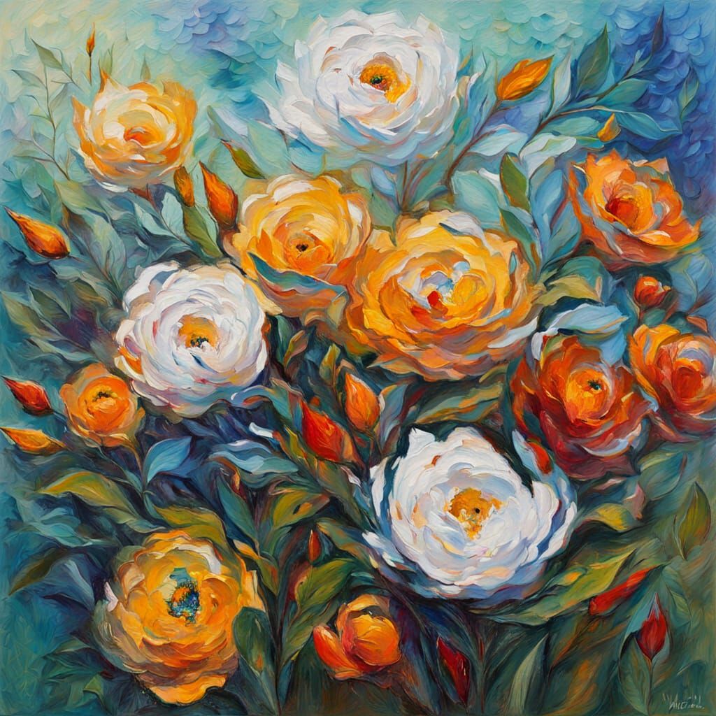 Vibrant Impasto Flower Bouquet Oil Painting