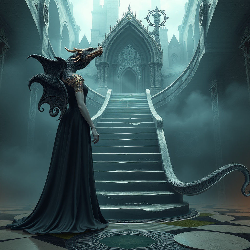 Serpent Woman Guards Hades Stairway in Gothic Futurism