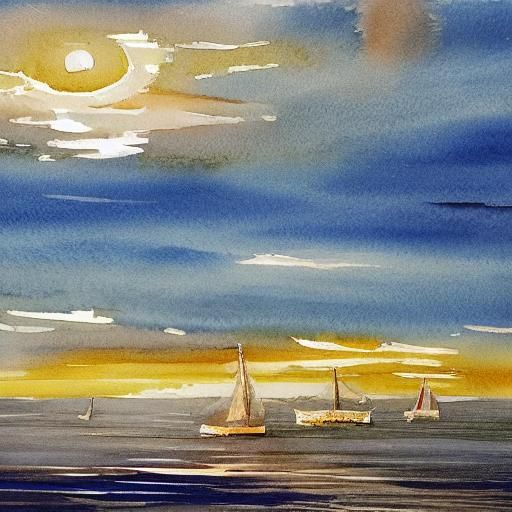 Romanticism Watercolor of Sailing Ship at Sunset