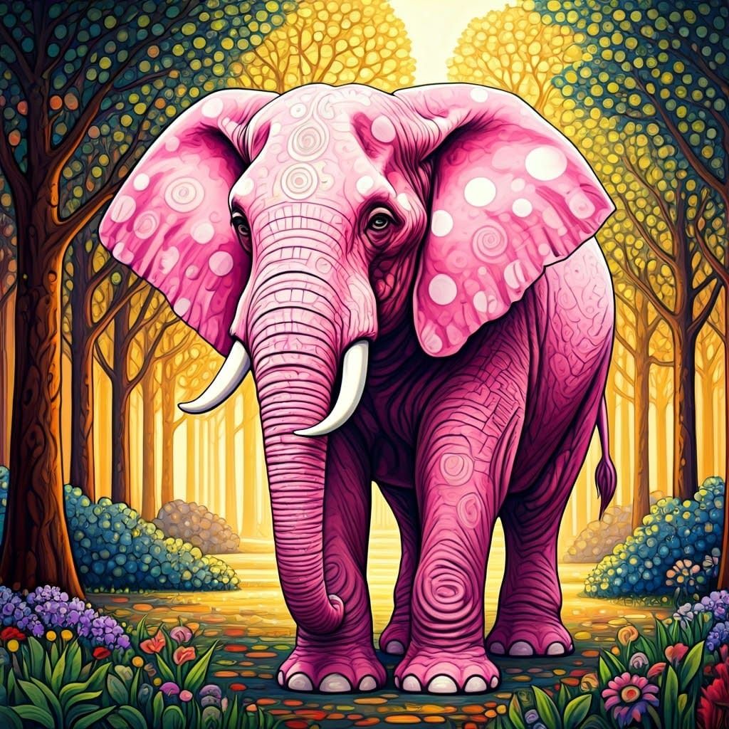 Pink Polka Dot Elephant in Pointillist World