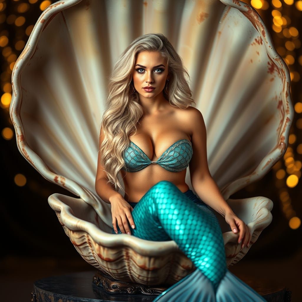 Sultry Mermaid Queen in Elegant Clam Shell Throne