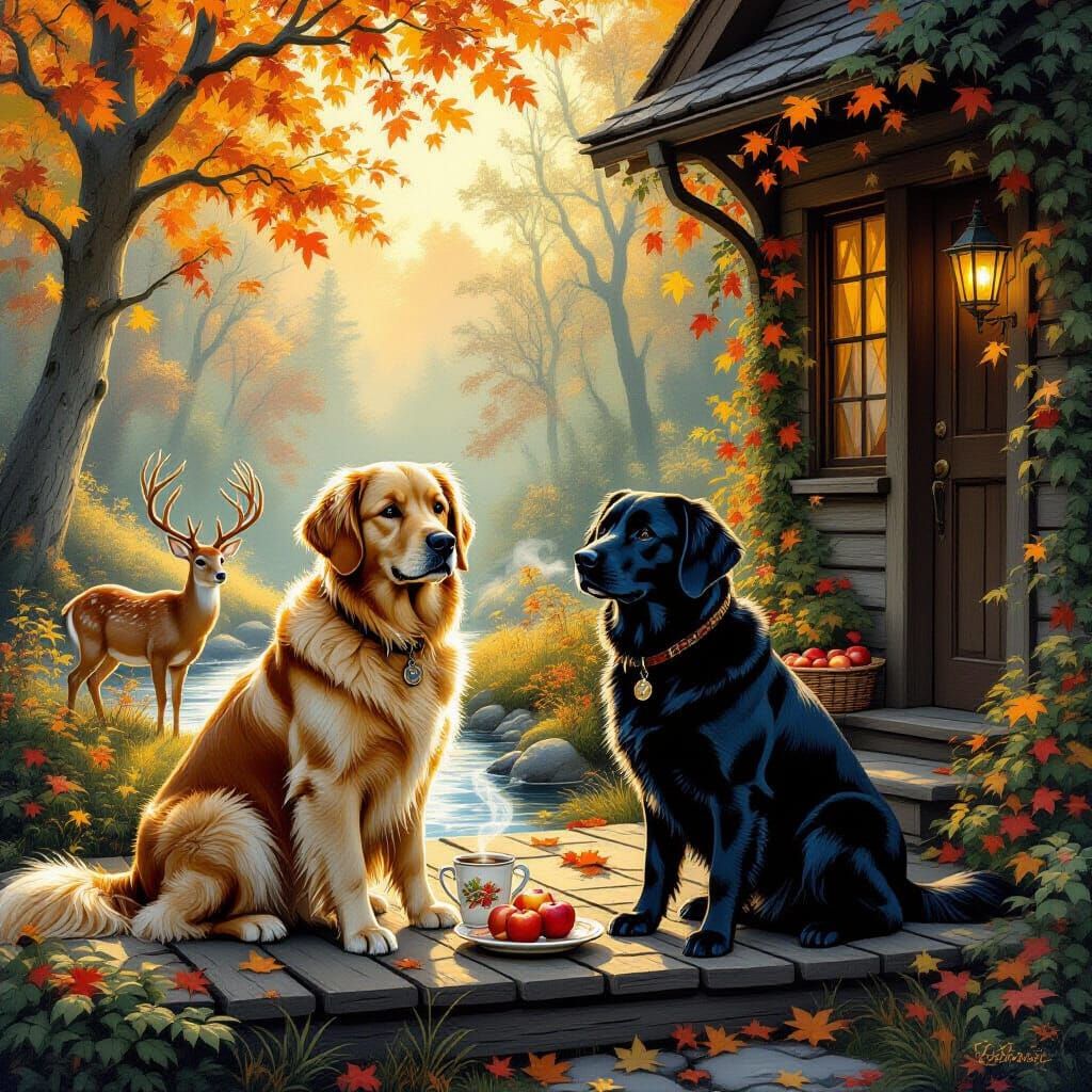 Golden Retriever & Black Labrador on Enchanted Forest Porch