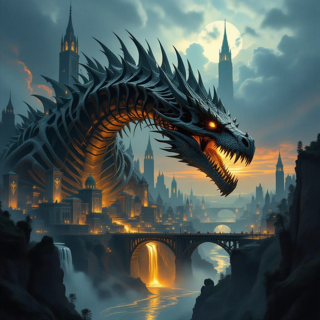 Dark Fantasy City Built Inside Petrified Dragon Fossil