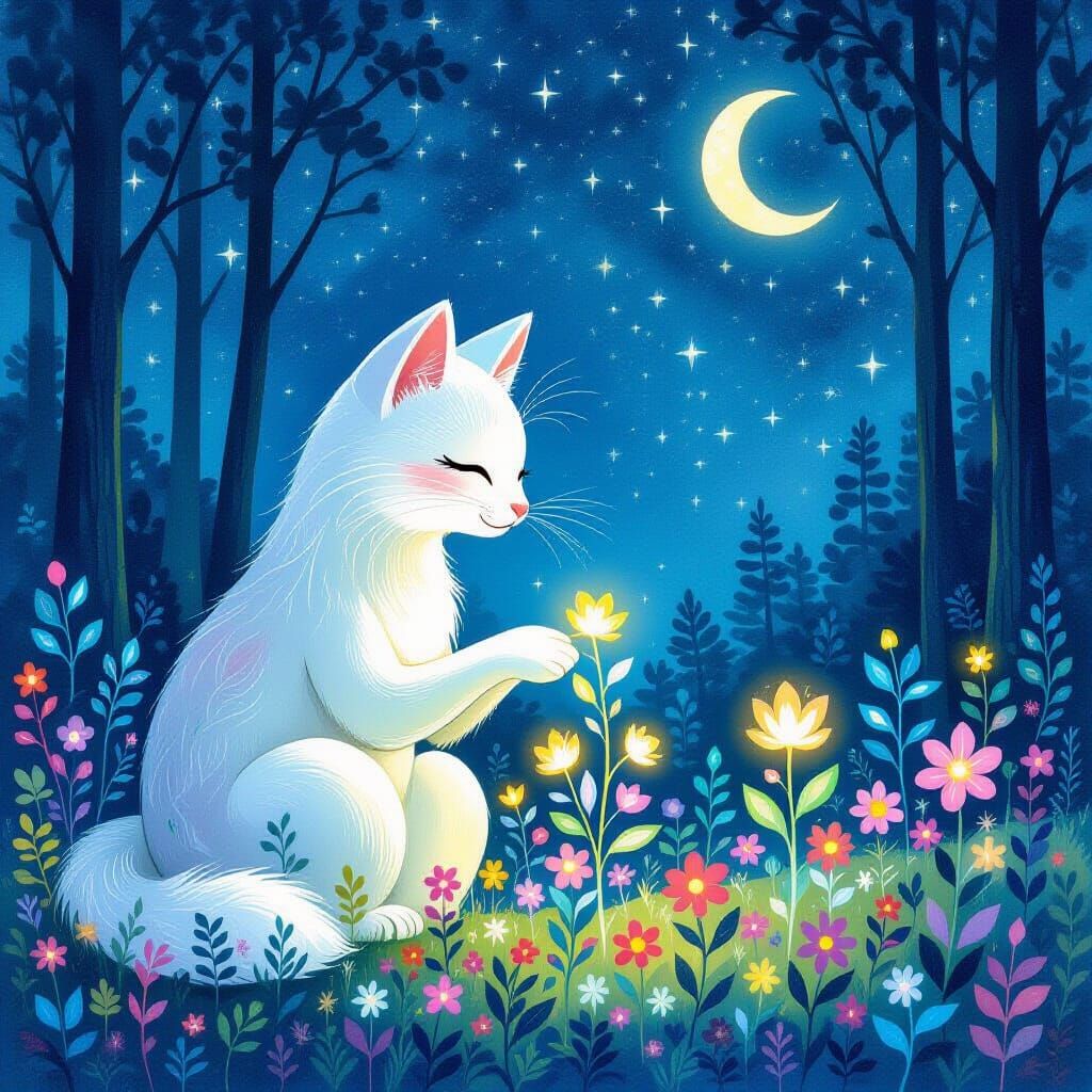 Folk Art Forest Spirit Tending Glowing Garden