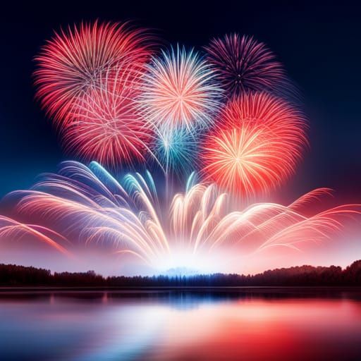 Hyperrealistic Fireworks Over Lake on July 4th
