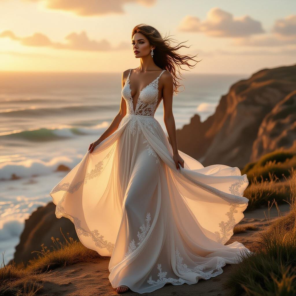 Woman in Gown at Sunset, Hyperrealistic Landscape