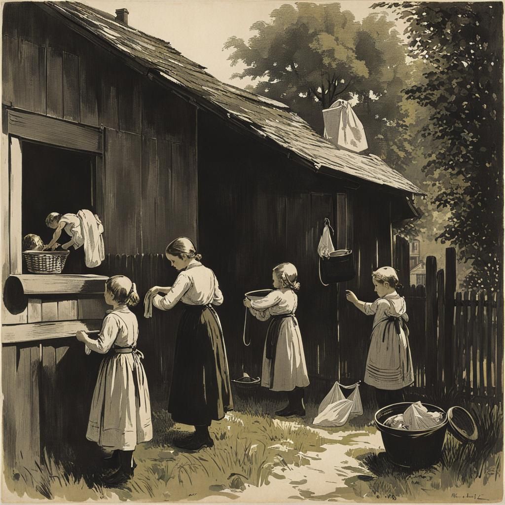 Mother and Children in Backyard, Expressionist Style