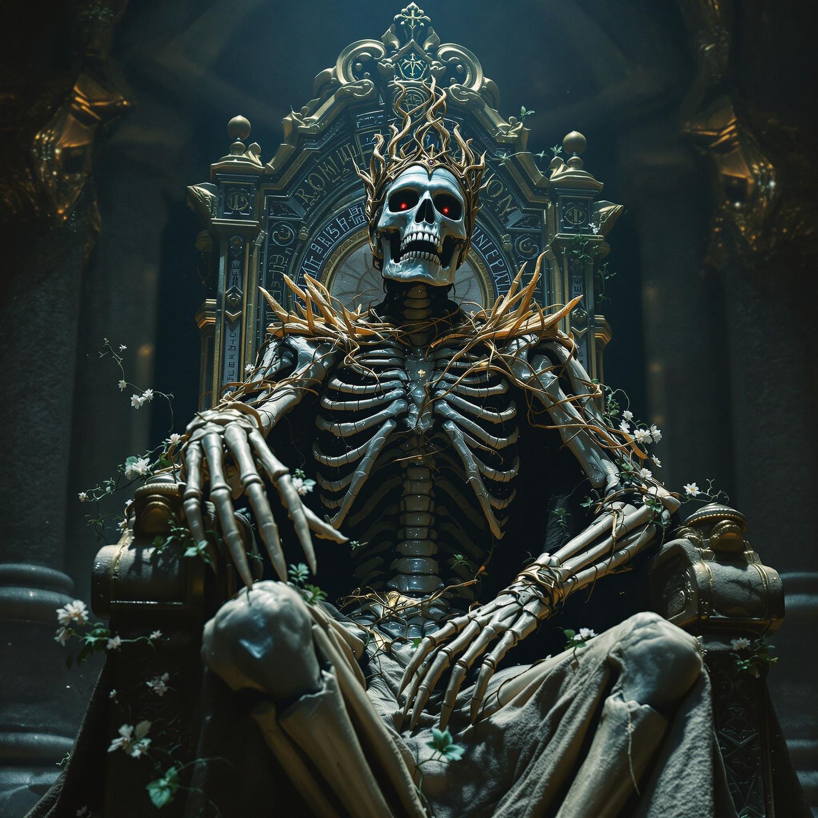 Skeletal King Commands Throne in Haunting Cathedral Scene