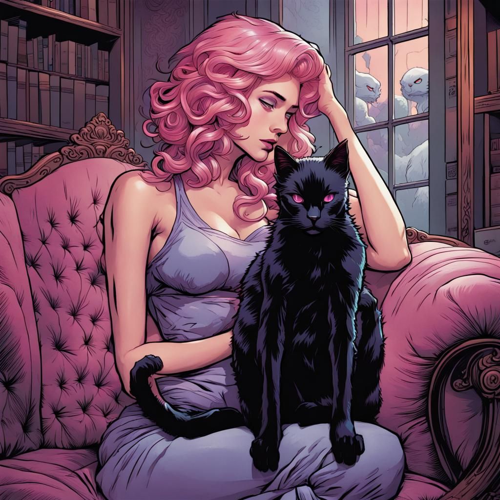 Crying Pink-Haired Queen with Cat, Comic Book Art