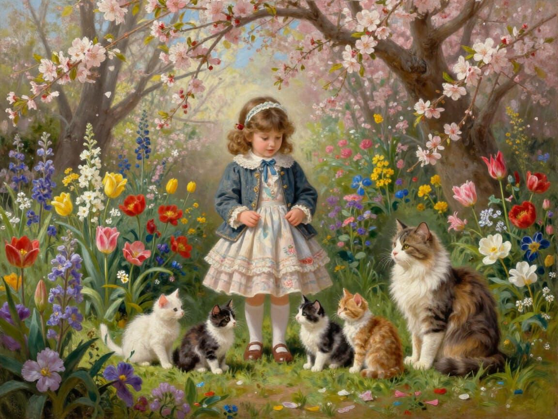 Victorian Girl Plays with Kittens in Spring Garden