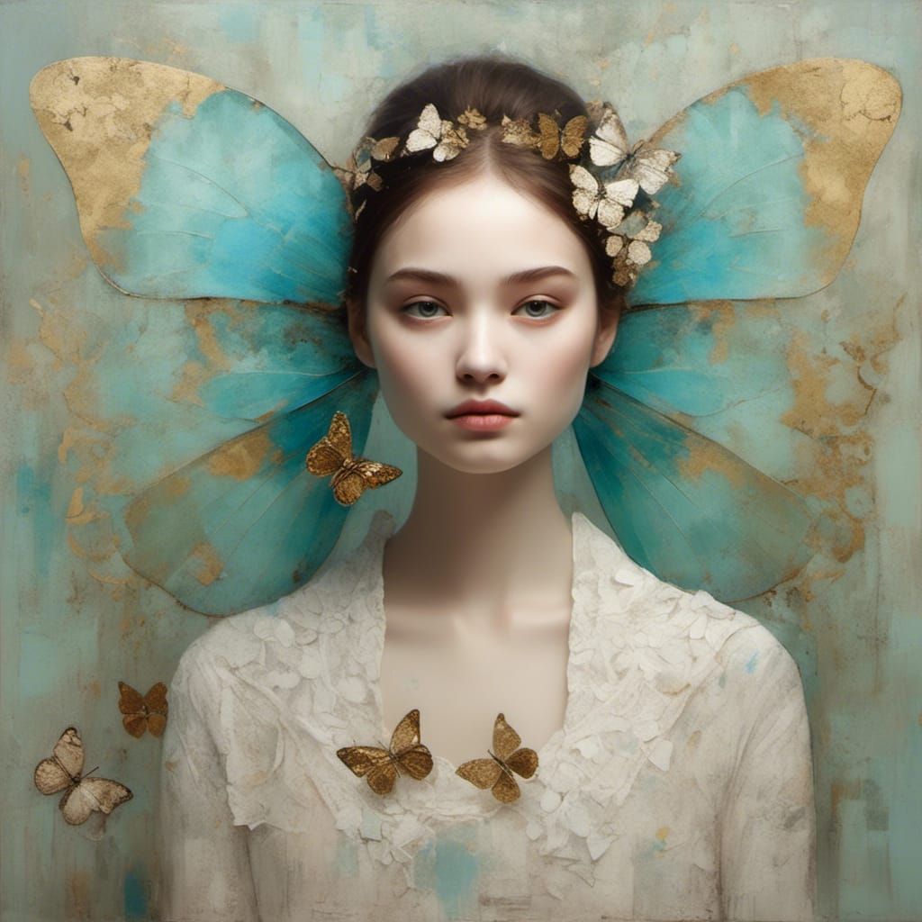 Minimalist Persian Cat Portrait with Butterfly Wings