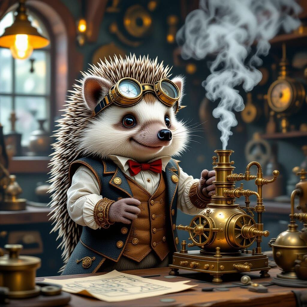 Steampunk Hedgehog Tinkers with Brass Contraption in Worksho...
