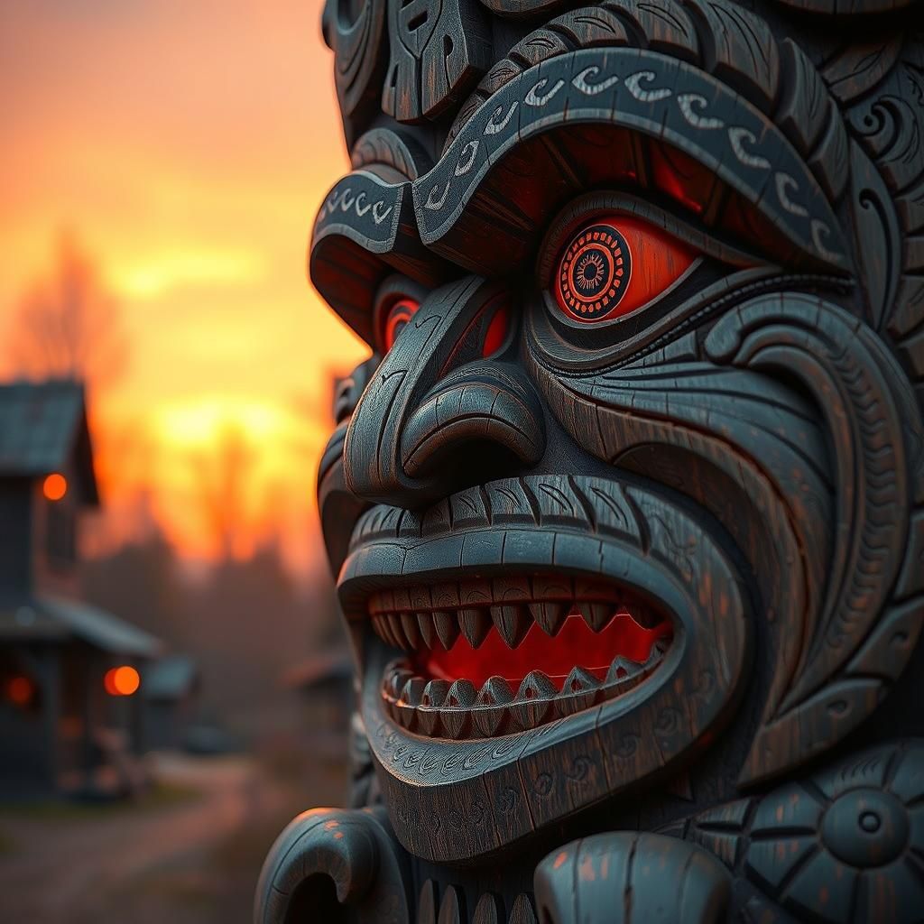 Mystical Totem Pole at Sunset, Haida Art Style