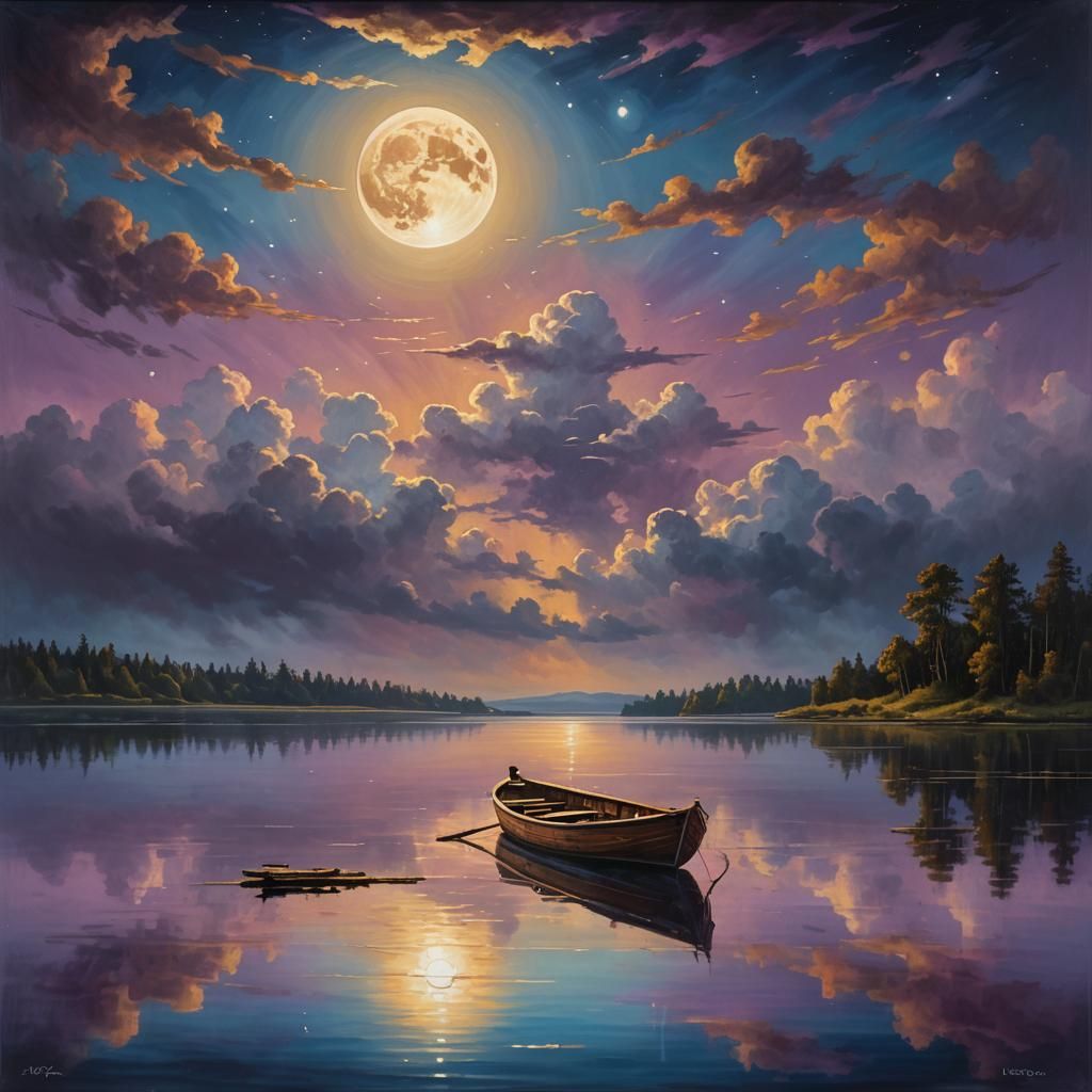 Dreamlike Rowboat on Lake in Golden Moonlight