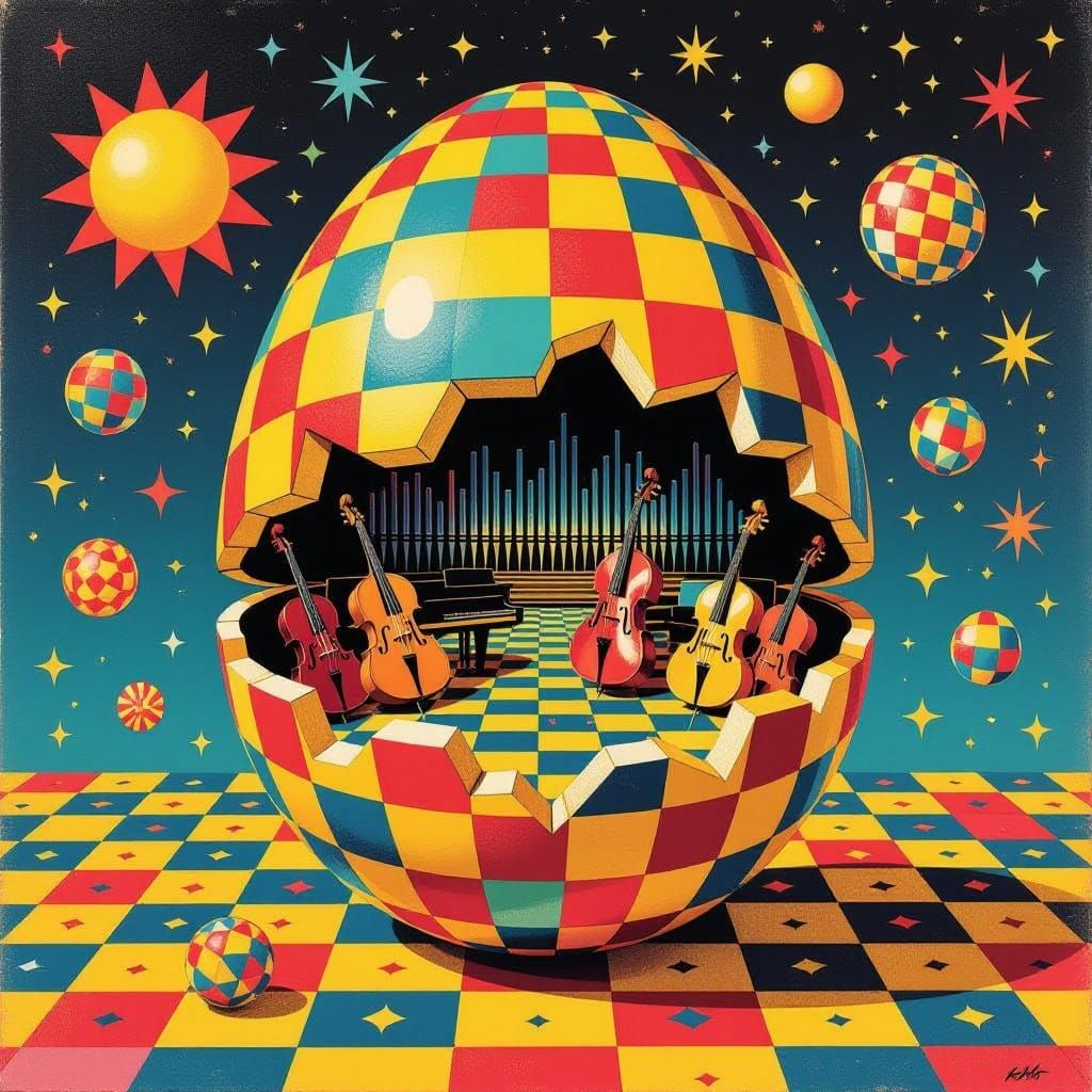 Surreal Easter Egg Concert Hall in Vibrant Avant-Garde Style
