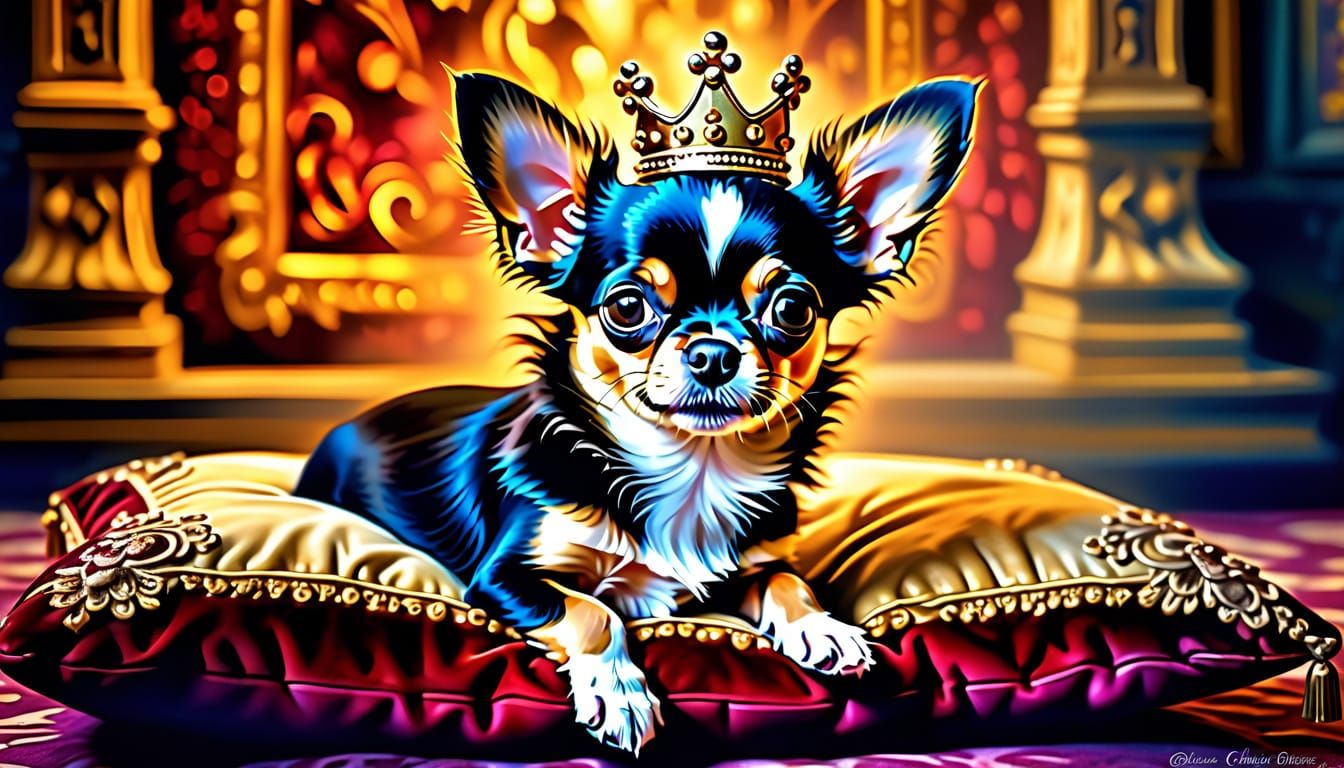 Chihuahua Puppy Royalty: Airbrush Art in Palace Setting
