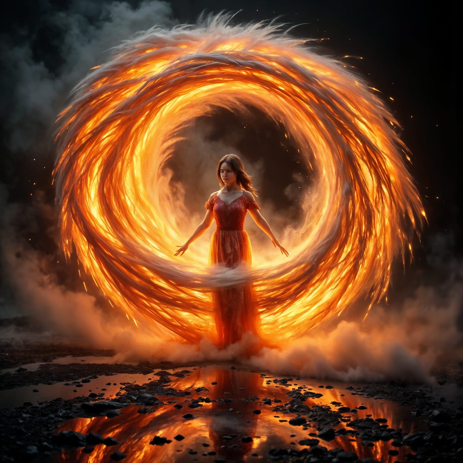 Hyper Realistic Fire Goddess in a Windswept Lava Landscape