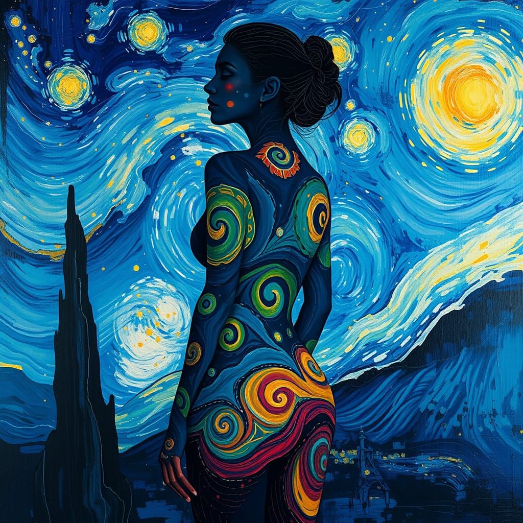 Starry Night Silhouette: Expressionist Body Art