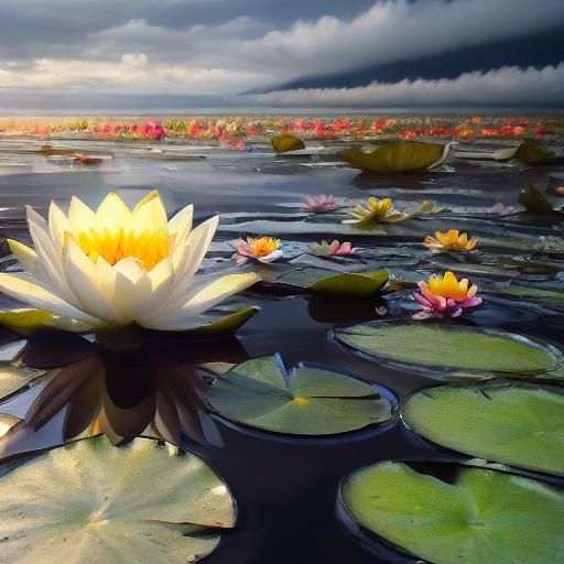 Blooming Black Water Lily with Frog, Detailed Matte Painting
