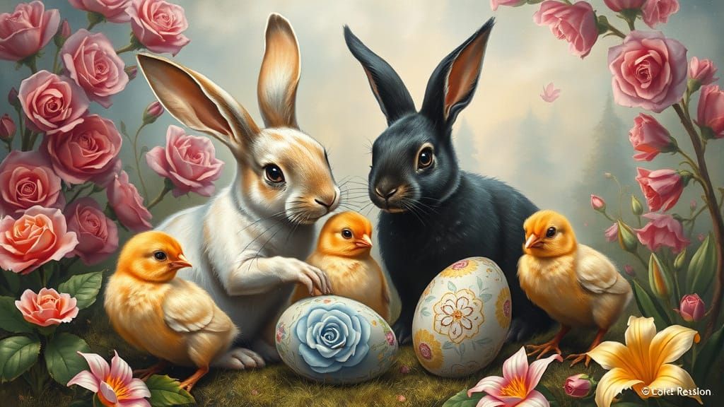 Rabbits and Chicks Painting Easter Eggs