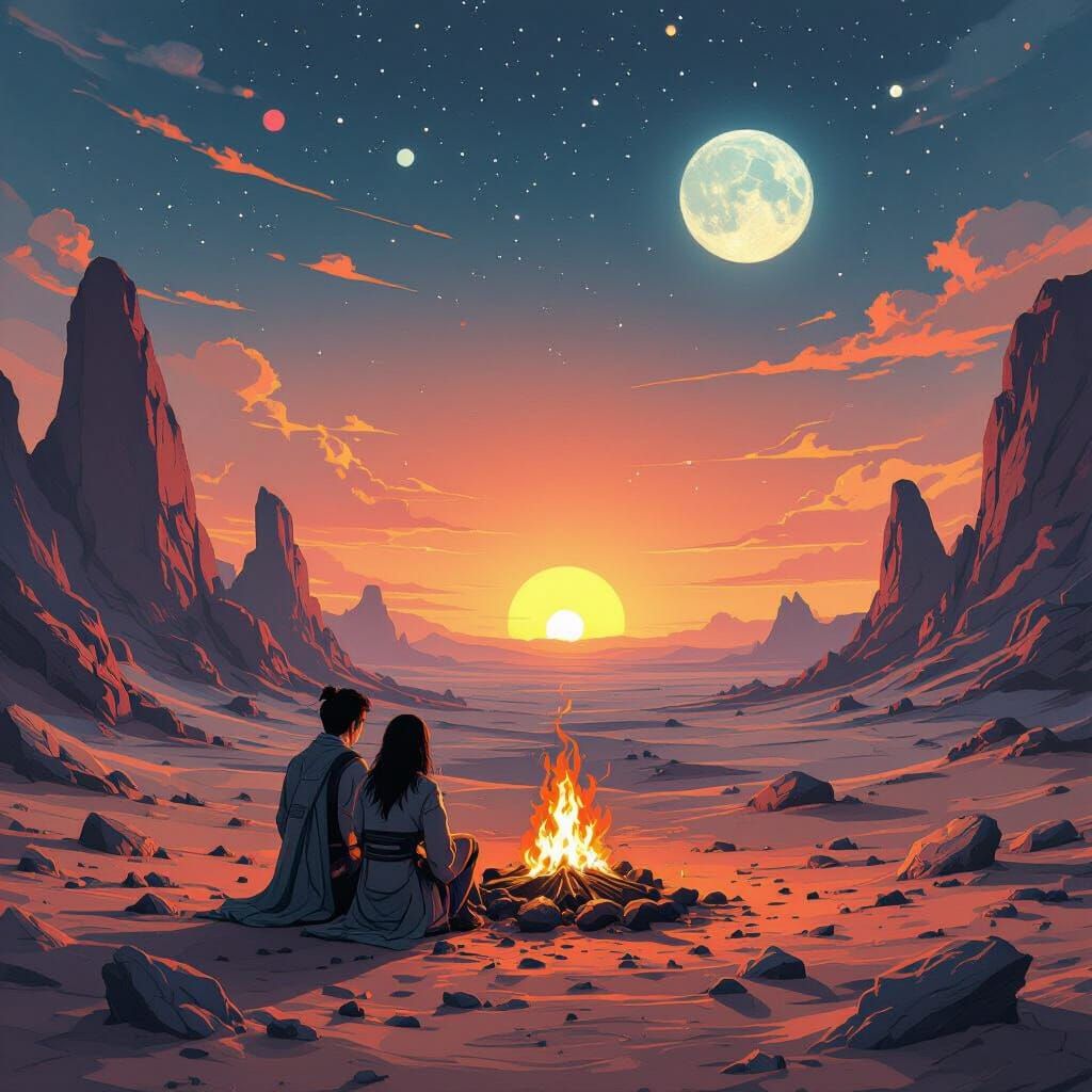 Stargazing on Alien Planet in Samurai Sci-Fi Style