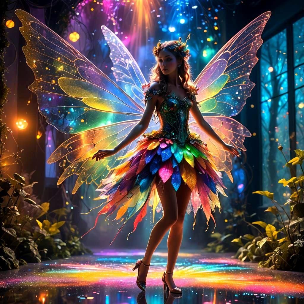 Surreal Fairy with Intricate Wings in Neon Room