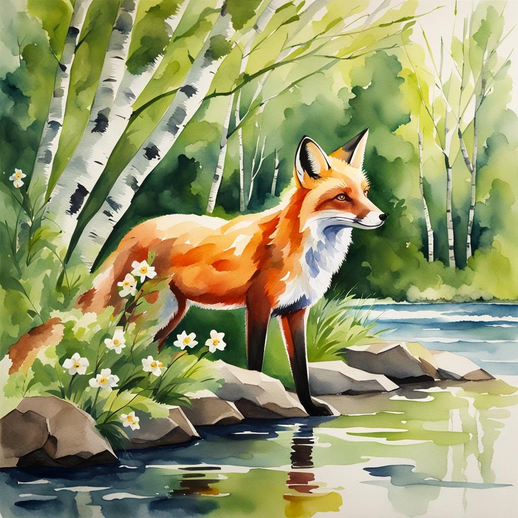 Fox by River in Watercolor Painting