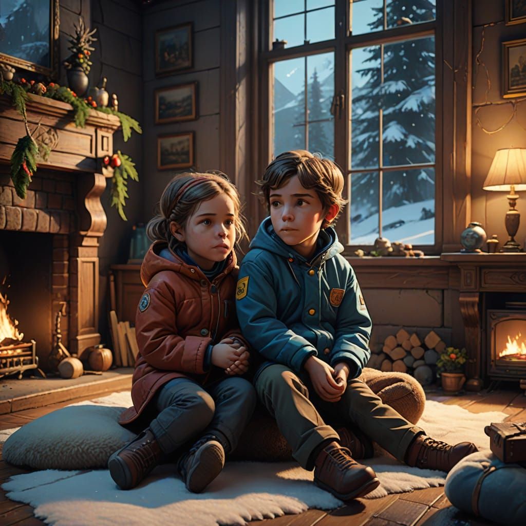 Winter Twin Siblings Cozy by the Christmas Fireplace