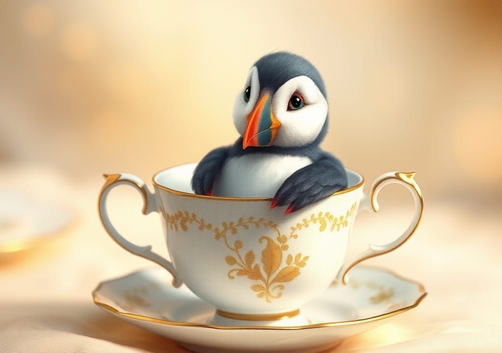Puffin in Teacup: Whimsical Watercolor Illustration