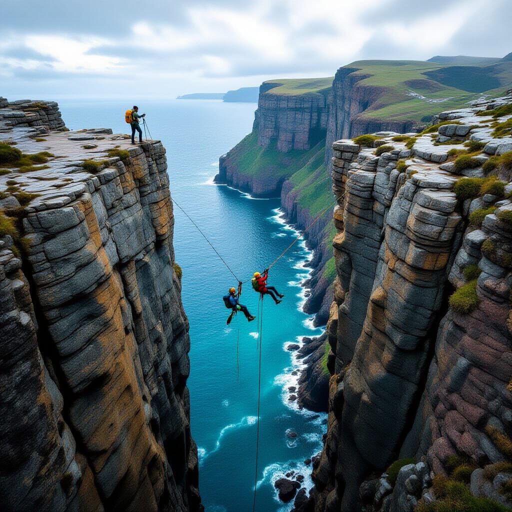 Lovers Rappelling Across Cliffs with Breathtaking View