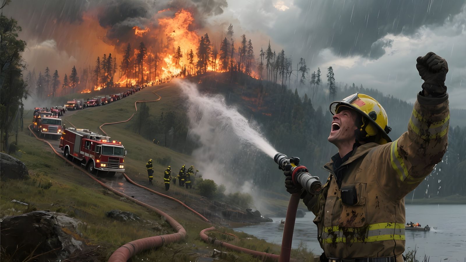 Firefighters Celebrate Rain Amidst Raging Forest Fire