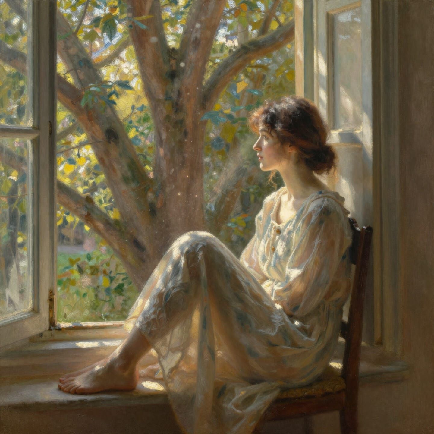 Woman by Window in Dappled Sunlight Oil Painting