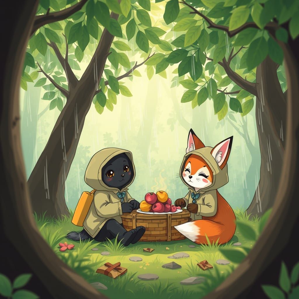 Cute Black Cat and Fox Enjoy Picnic in Rainy Forest, Manga S...