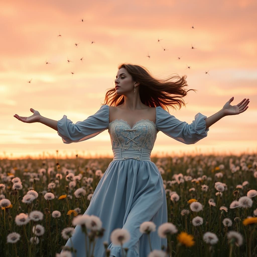 Woman Twirling in Dandelion Field at Sunset