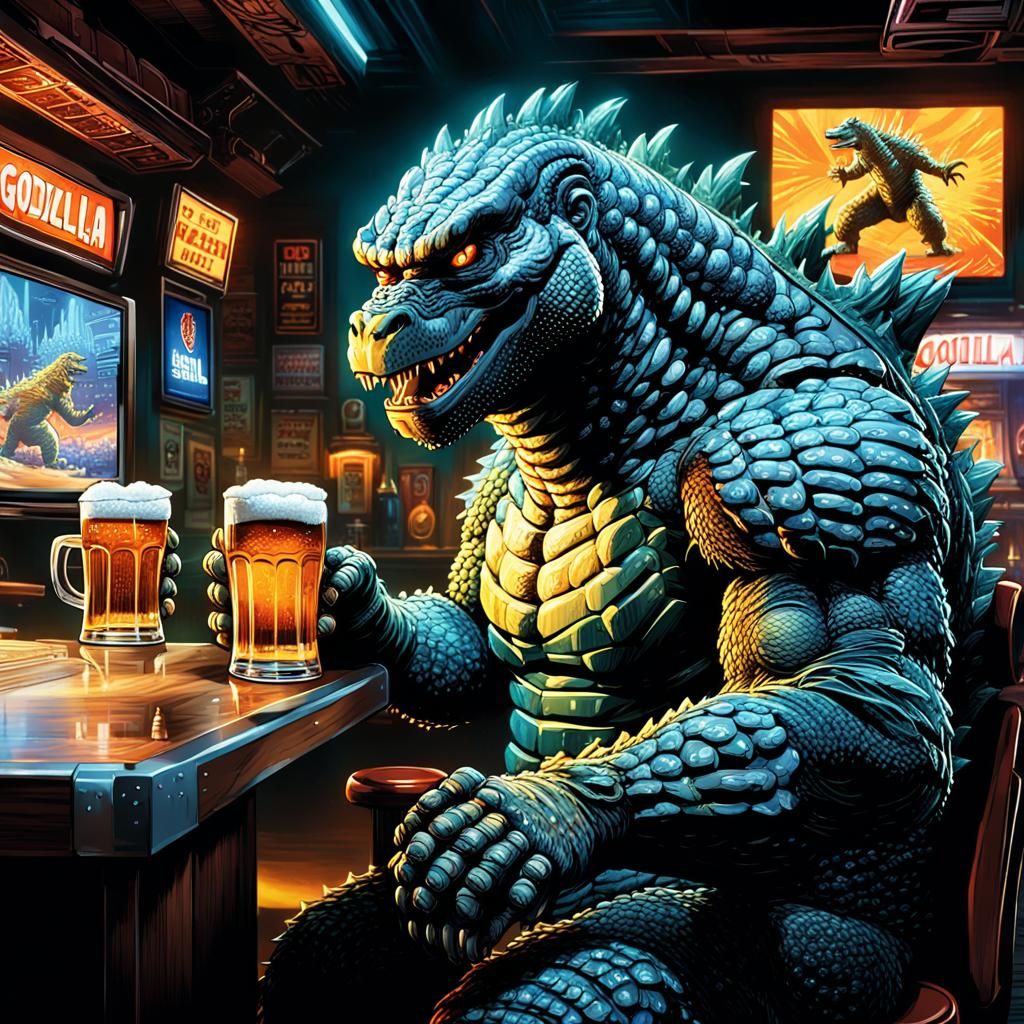 Godzilla Watches Boxing in a Bustling Sports Bar, in Comic B...