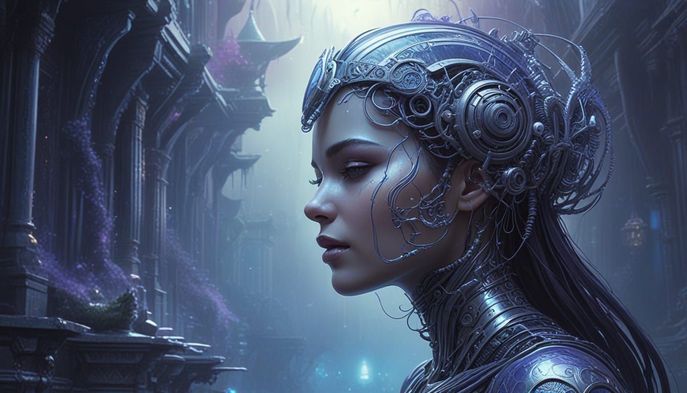 Cybernetic Woman in Ethereal Steampunk Art Deco Style