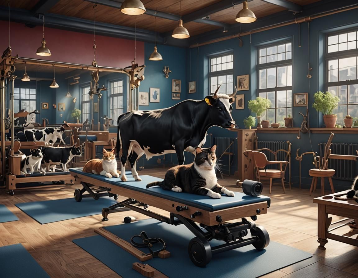 Cats and Cows Doing Yoga Poses in Pilates Studio