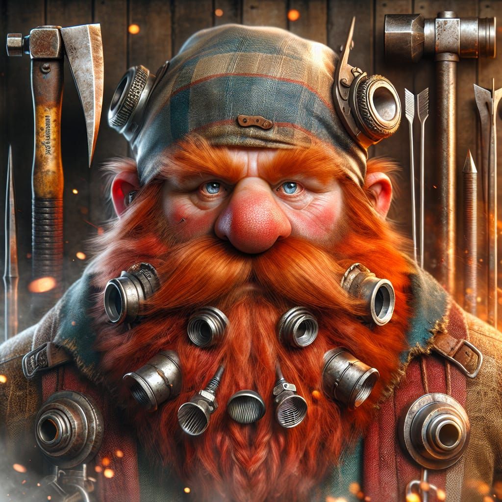 portrait of gruff middle-aged redheaded dwarf artificer