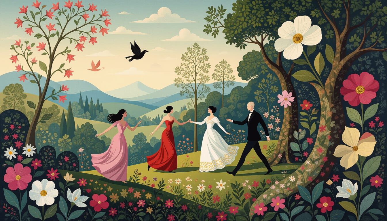 Surreal Dreamscape with Figures in Ligne Claire Style