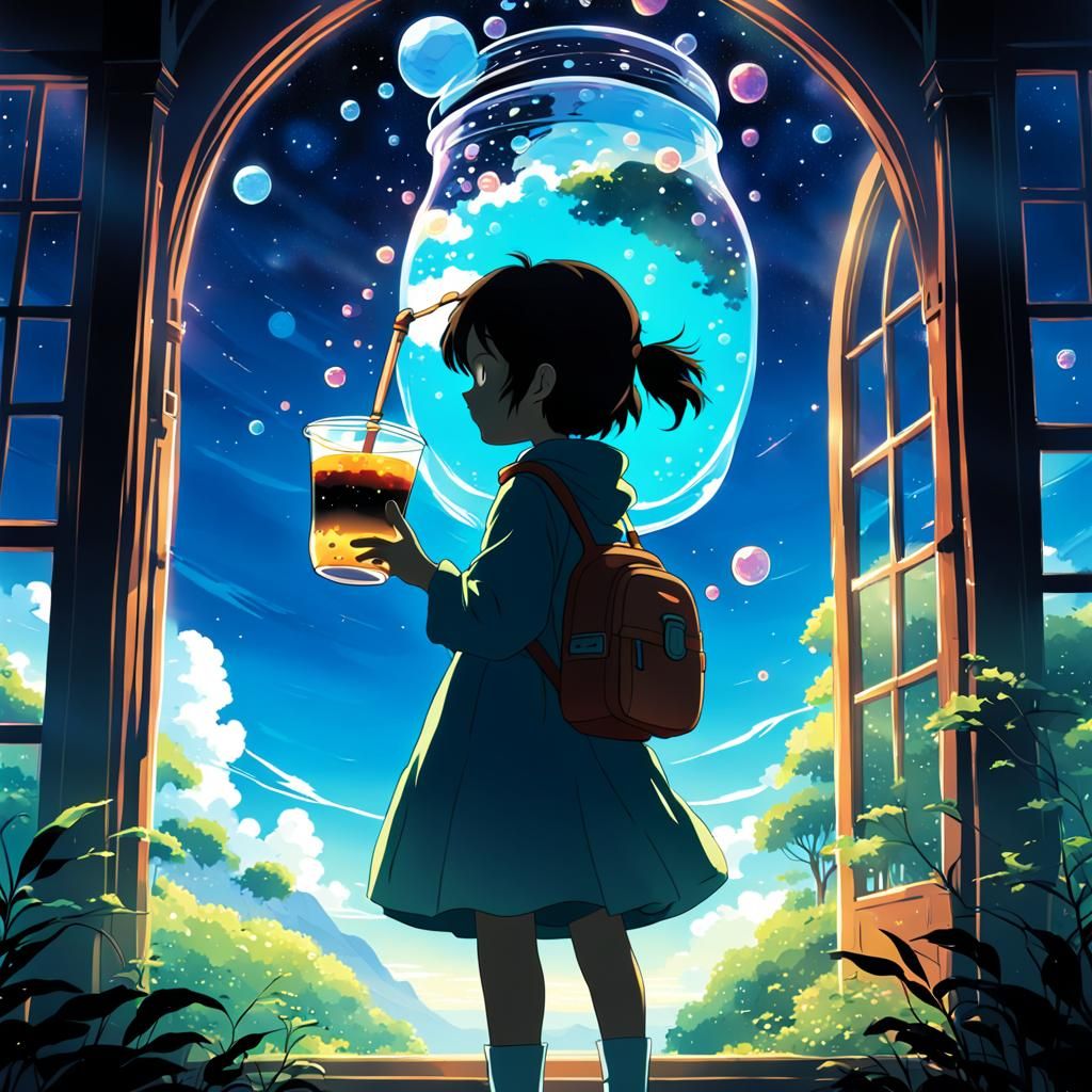 Cosmic Bubble Tea Silhouette in Anime Style