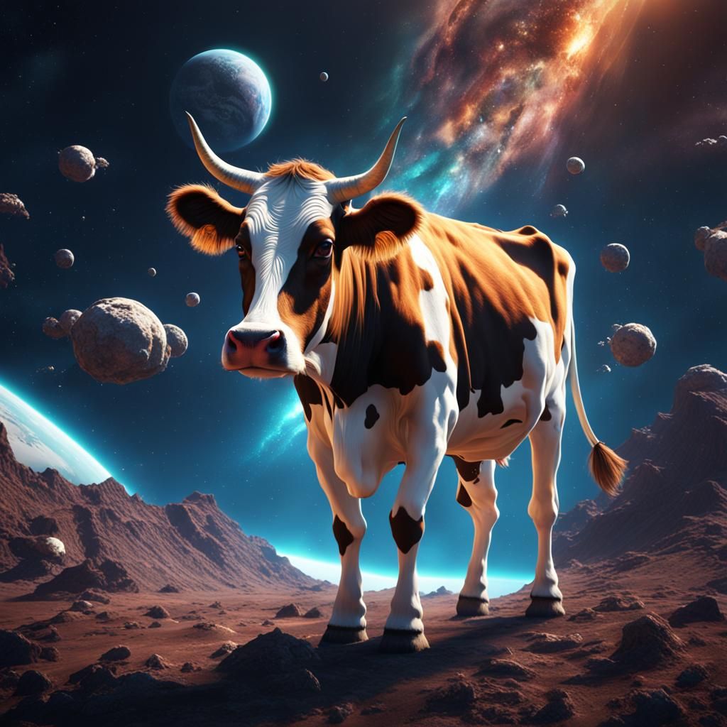 Cow Astronaut in Space: Detailed Matte Painting