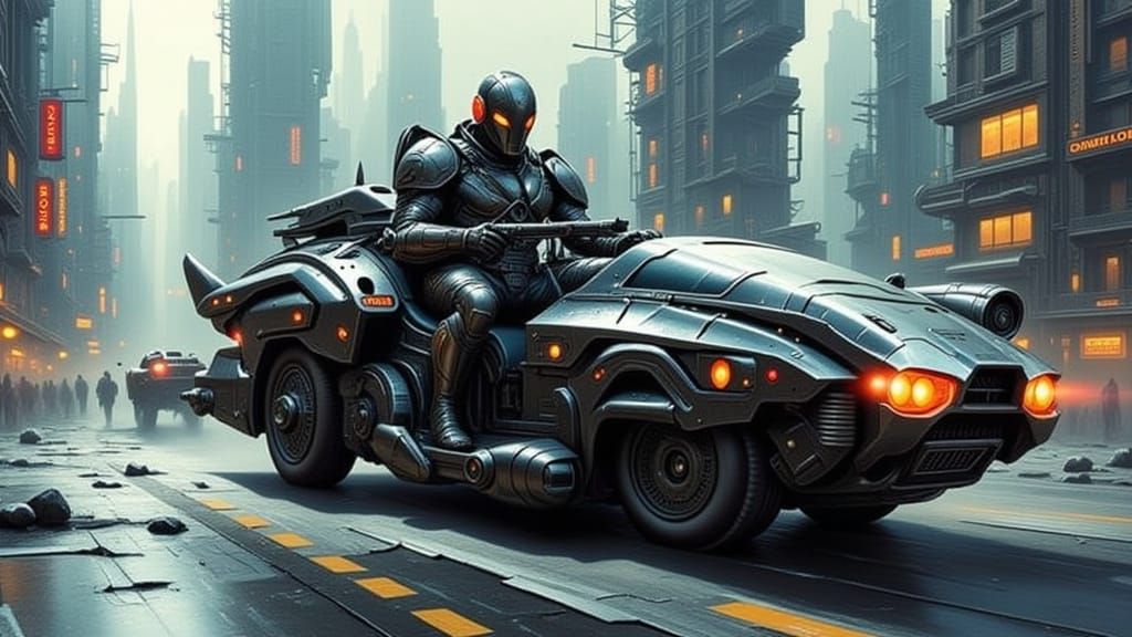 Futuristic Warrior Piloting War Vehicle in Dystopian City