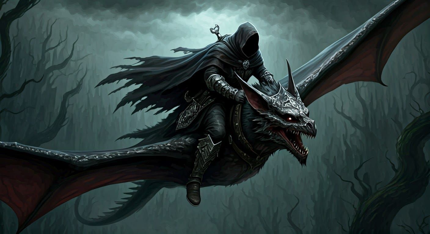 Dark Fantasy Dragonborn on a Bat-Like Creature Soars Over a...
