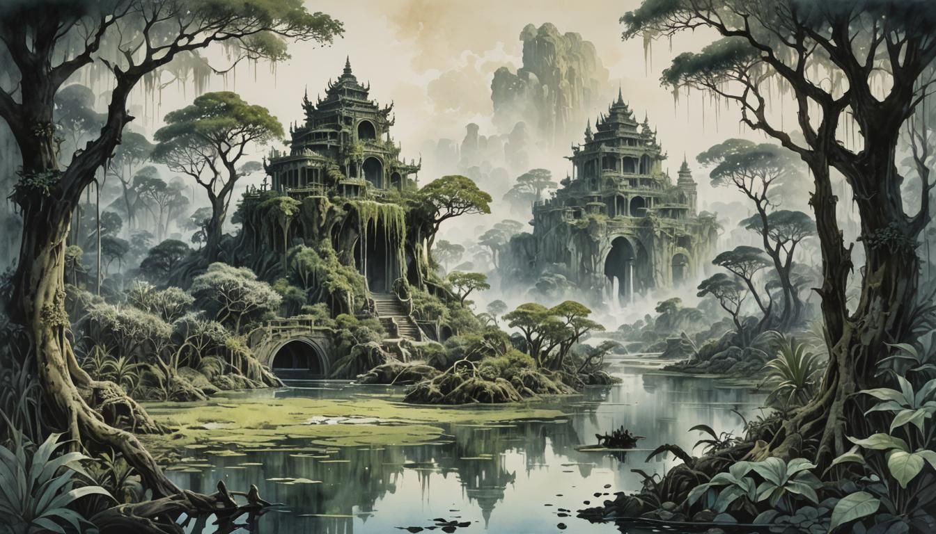 Ruins of ancient elven city on the swamp