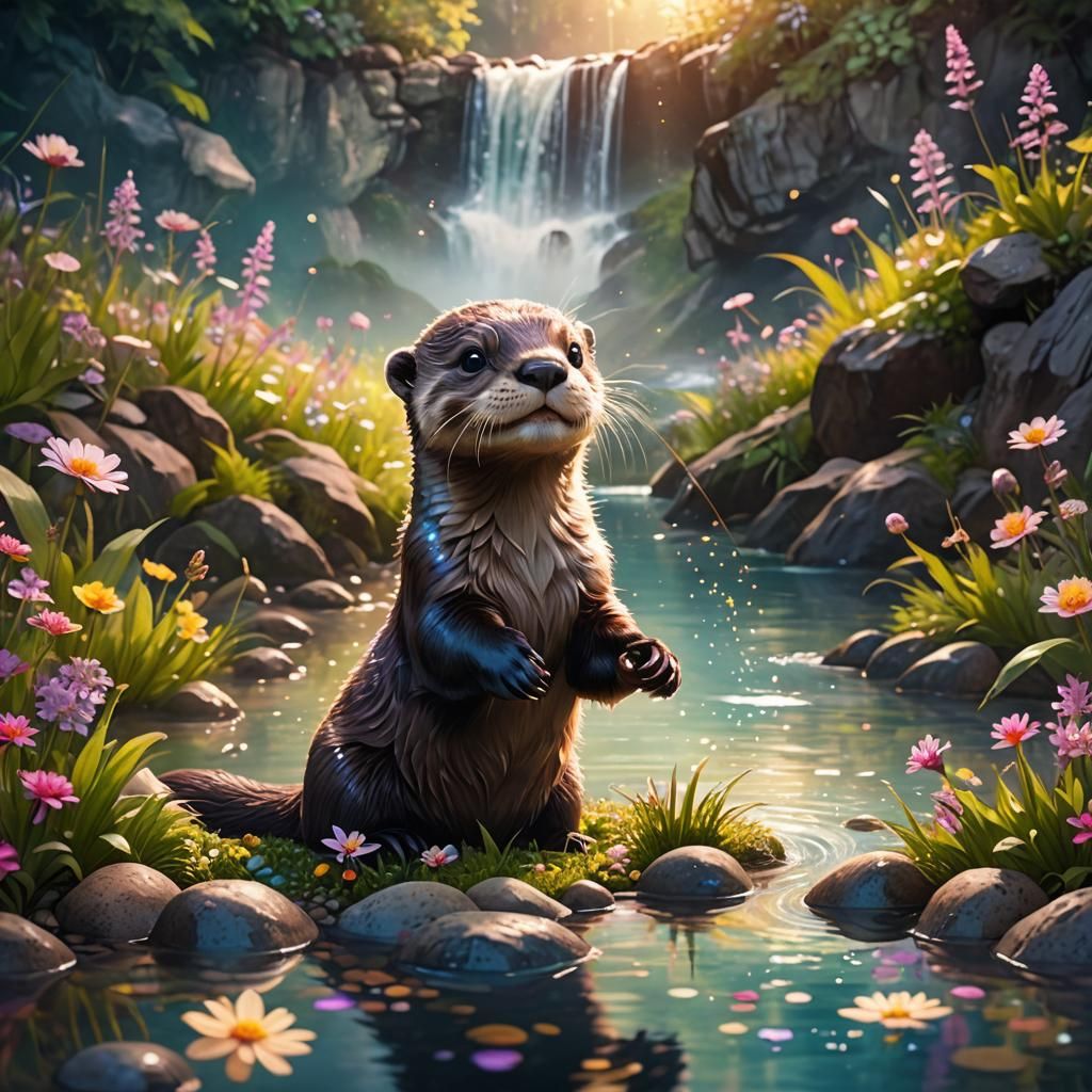 Baby Otter in Enchanted Lake: Surrealist Illustration