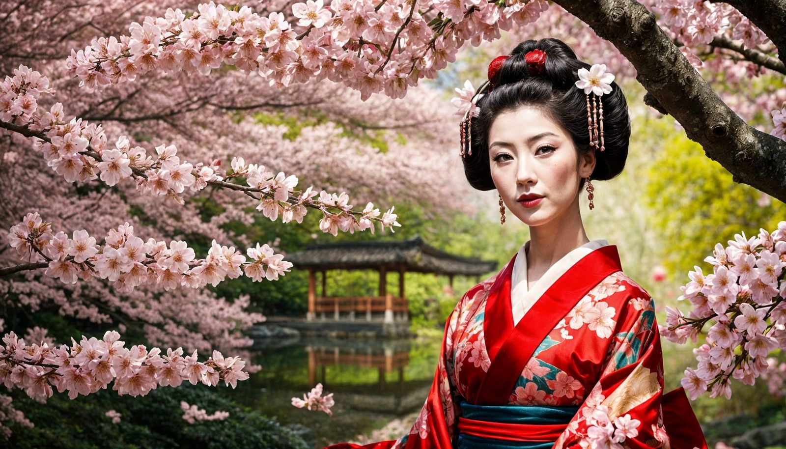 Geisha in Cherry Blossom Garden Painting